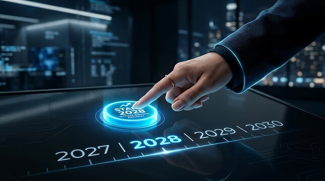 Hand selecting '2028' on a futuristic digital interface, symbolizing strategic future planning and technological advancement for business success and innovation