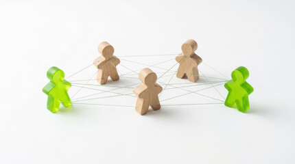 Obraz premium Two wooden figures standing between two green translucent people connected by thin lines to visualize social networking ties.