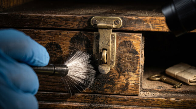 Macro close-up of a forensic investigator's gloved hand using a brush and powder to reveal fingerprints on an old wooden box or concealed compartment, under dramatic flashlight illumination.