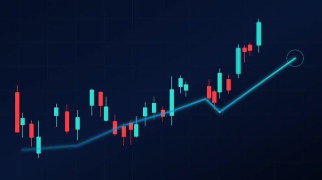 Financial candlestick chart and upward trend line glowing on digital screen