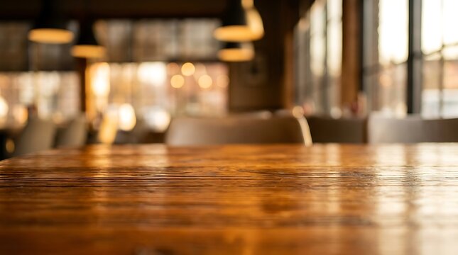 Empty wooden table top with blurred restaurant or cafe background