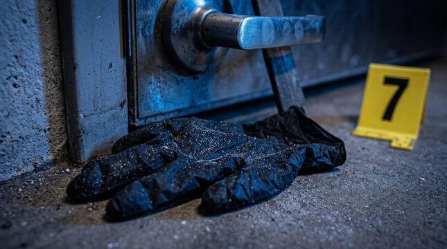 Extreme close-up of a crumpled black disposable glove abandoned near a doorway during a crime investigation, accompanied by a numbered evidence marker under dramatic blue police lighting.