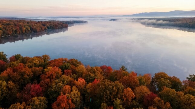 Aerial View of Autumn Forest and River