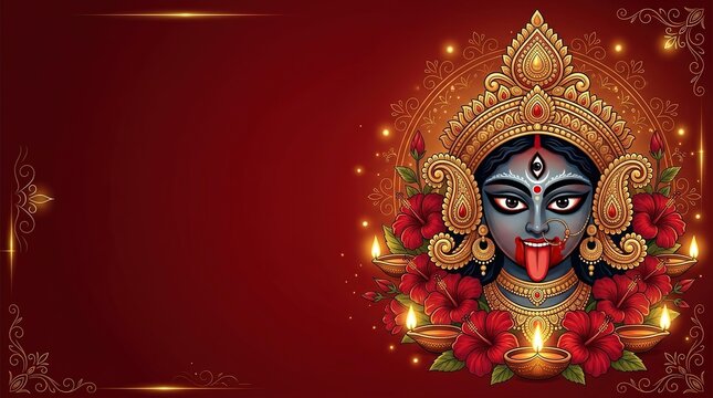 Happy Kali Puja festival background vector illustration Goddess Kali face crown hibiscus copy space