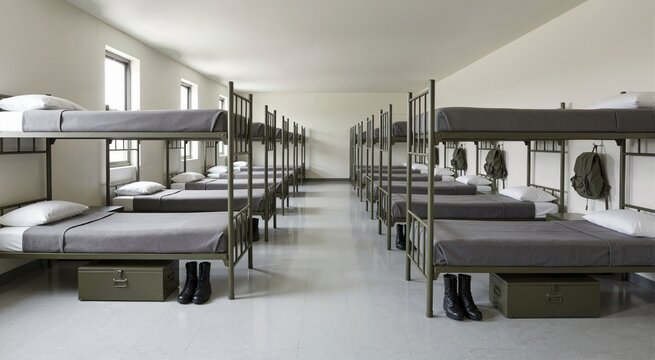 Empty military barracks bunk beds