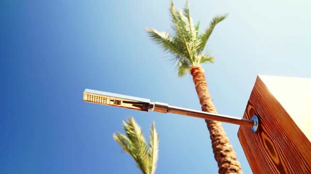 Bright sun shines overhead with clear blue skies. Palm trees sway gently in the breeze. Water sprays from a modern outdoor showerhead. Wooden panel frames the showerhead's mount