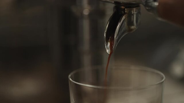 Closeup shot of pulling an espresso shot from coffee machine