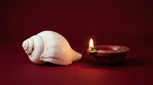 Happy Kali Puja festival background vector illustration with Shankha conch shell glowing diya copy space