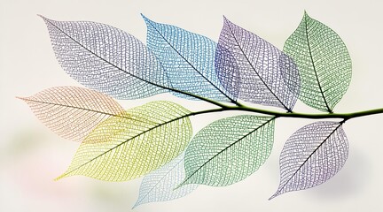 Fototapeta premium Colorful Delicate Skeleton Leaves Branch Arrangement on Minimalist Background