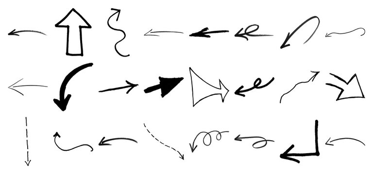 Set of hand drawn arrows and doodle pointers for design elements isolated on transparent background