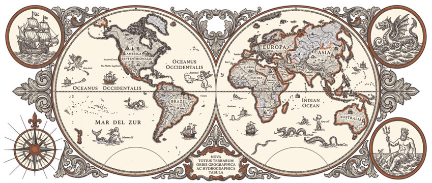 Vintage World Map Illustration with Nautical Elements