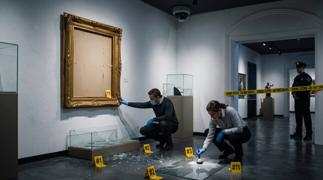A high-end art gallery after a mysterious theft, featuring an empty picture frame on the wall, a shattered display case, and detectives examining the floor for missing clues.