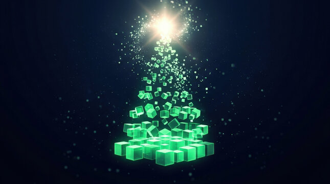 Christmas tree shaped formation made of floating glowing green digital cubes with sparkling light particles against dark background.