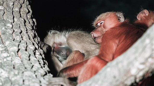 A group of monkeys sleep on tree at night, Hwange National Park, Zimbabwe