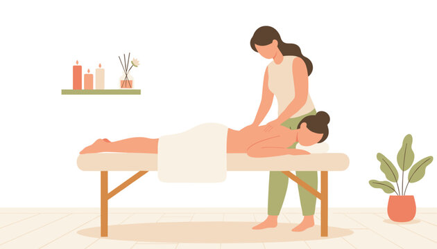 Tranquil spa scene where a professional masseuse provides a relaxing back massage to a woman lying comfortably on a massage table.