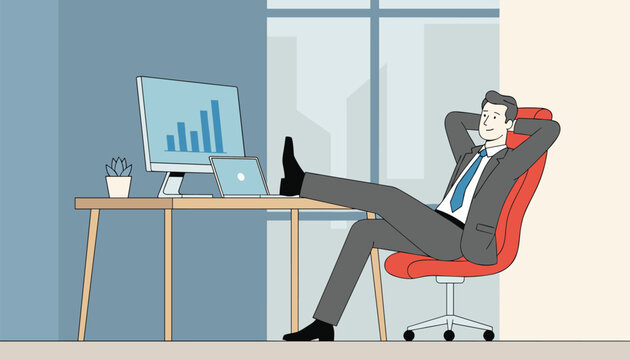 Happy businessman leaning back in his chair with feet on the desk, looking relaxed and satisfied after successfully completing work.