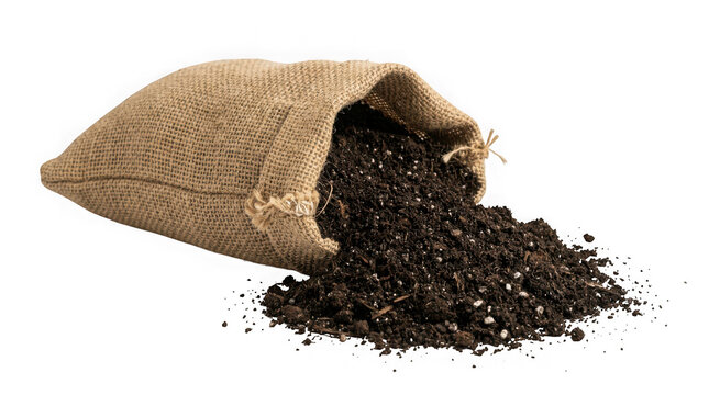 Burlap sack with potting soil isolated on transparent background