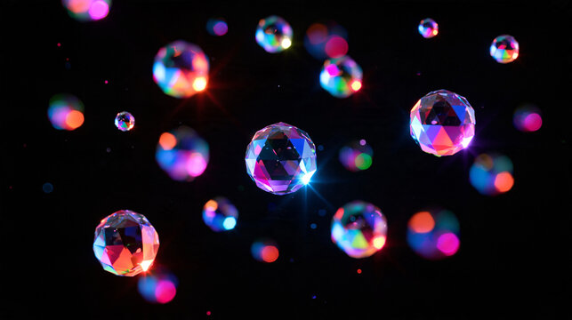 Floating rainbow crystals in space with seventeen small, medium and large shimmering clusters