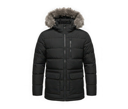 Black winter puffer jacket with fur hood for men isolated on transparent background