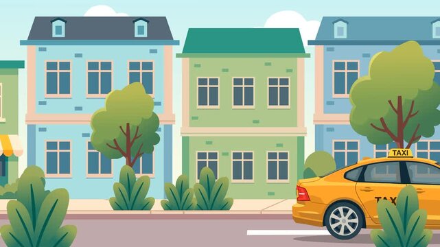 Yellow taxi cab driving along city street seamless loop animation, flat vector cityscape background. Animated city street background loop with driving yellow taxi car, modern residential buildings