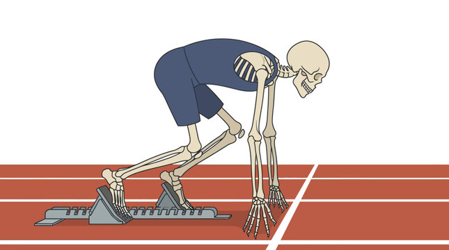 Skeleton Athlete in Starting Blocks on Running Track Race Halloween Vector Illustration