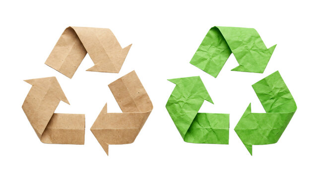Brown kraft paper and green crumpled paper recycling symbols side by side isolated on transparent background, eco friendly sustainability and circular economy concept for environmental banner.