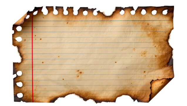 Torn and burnt lined notebook paper with red margin, isolated on transparent background