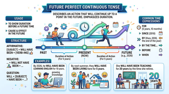 Future perfect continuous tense English grammar infographic, educational chart explaining verb tenses with examples and timeline for students