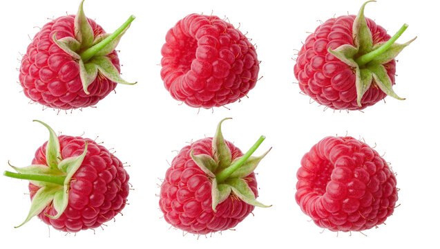 Six ripe red raspberries with green calyxes, isolated on transparent background