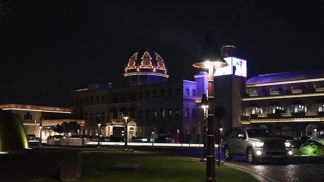 Doha, Qatar - September 25, 2025: Night view of Katara Plaza Galeries Lafayette in Katara Cultural Village Doha, Qatar.