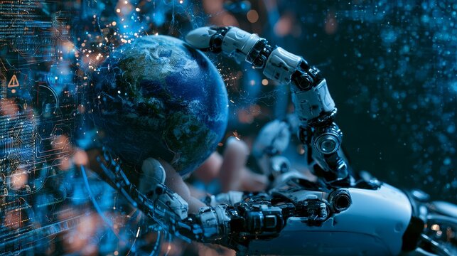Robot holding a globe with glowing digital particles and circuit elements in a futuristic blue technology scene, conceptual artificial intelligence illustration
