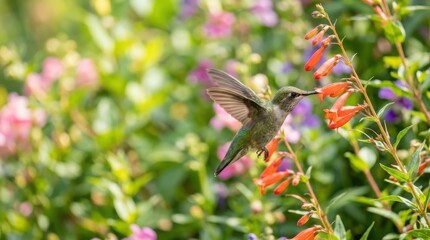 Fototapeta premium Tiny hummingbird hovers while feeding on vibrant orange flowers in a lush garden setting