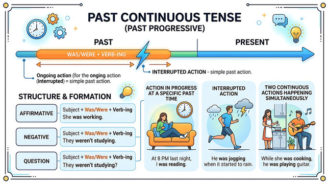 Past continuous tense grammar chart, educational English learning poster with grammar rules and examples for students, infographic vector