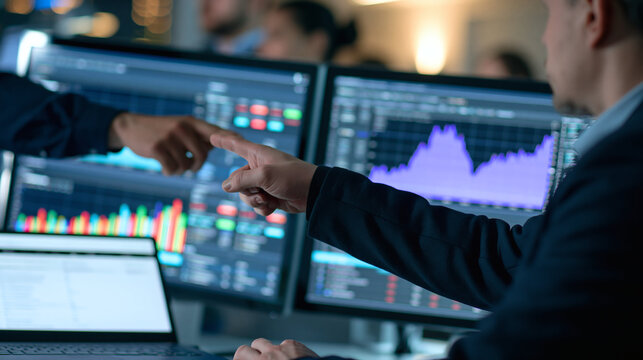 Stock Market Analysis: Two traders analyze financial data on multiple computer screens, with colorful graphs and charts showing stock market fluctuations and trends.