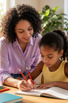 African American woman helps young girl with school homework at home. Black mother tutor provides academic guidance to student during study session. Preteen child focuses on writing in notebook