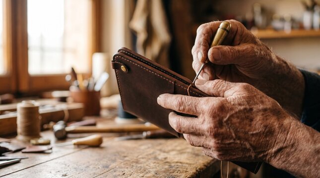 A dedicated skilled craftsman uses a metal awl to manually stitch durable brown material in a traditional workshop setting where he creates authentic handmade goods through time honored legacy