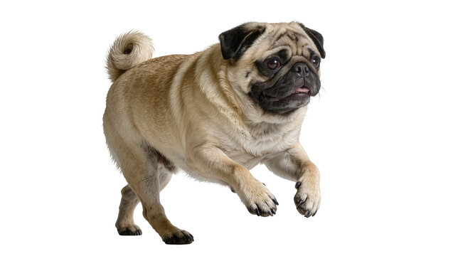 Fawn pug dog running with curled tail, isolated on transparent background