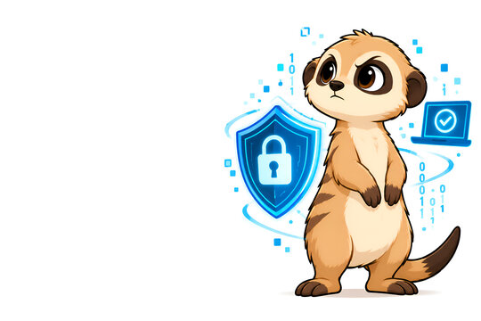 Cute baby meerkat cybersecurity mascot standing guard beside a digital shield with padlock, data protection and online safety concept, 2D vector illustration on white background
