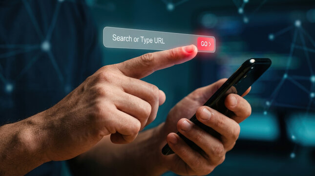 Finger touching digital search or type url button on smartphone screen with glowing red interface for mobile web browsing tasks.
