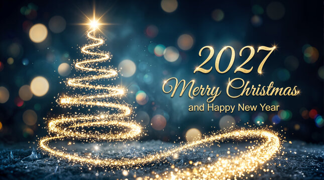 Weihnachten 2027 Gru&szlig;karte mit goldenem Glitzer-Weihnachtsbaum und Neujahrsw&uuml;nschen auf blauem Bokeh-Hintergrund
