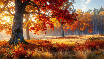 Fototapeta premium Magical Autumn Forest Landscape with Vibrant Fall Foliage and Dramatic Sky Generative AI 