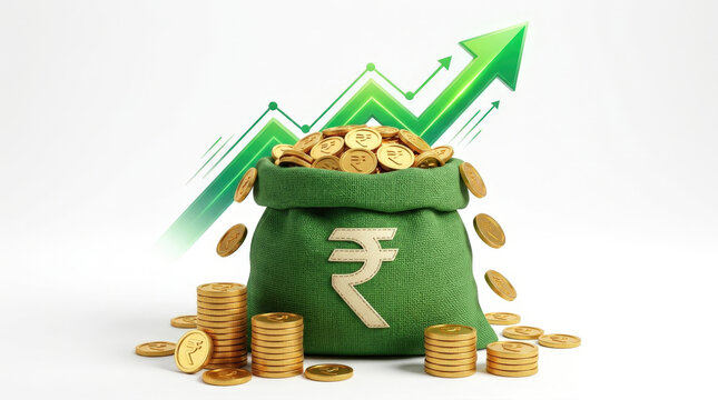 Green sack overflowing with indian rupee gold coins featuring upward growth arrow symbol for financial investment and wealth gains.