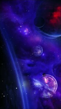 Majestic deep space scene with glowing purple nebula clouds, multiple celestial orbs and scattered stars stretching into cosmic distance.