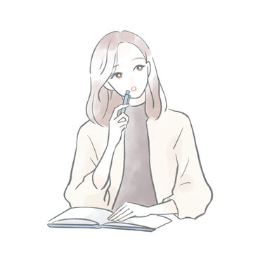ペンを口元に当てて考えごとをしながらノートに向かう女性の手描きイラスト