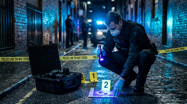 Nighttime Forensics Technician Examining Evidence in Alley with Police Tape