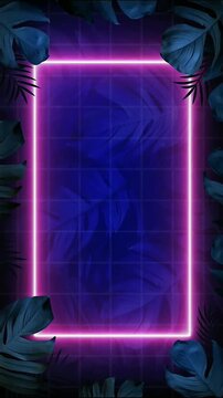 Bright pink neon rectangular frame surrounded by dark tropical leaves, creating vibrant exotic border with glowing grid background and empty copy space.