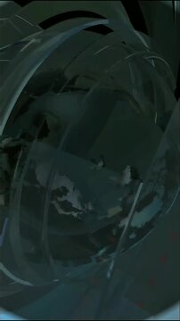 Transparent glossy blue sphere displaying world map surrounded by swirling curved rings, representing global connectivity and international business on dark backdrop.