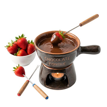 Chocolate fondue pot with fresh strawberries and dipping forks isolated on a white background for dessert catering