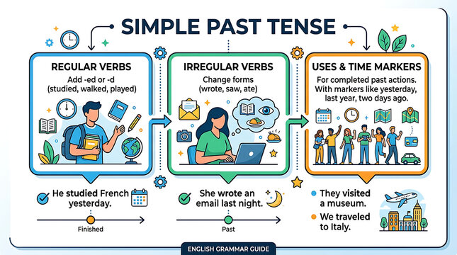 Simple Past Tense English Grammar Infographic Chart, Educational Rules Vector Illustration, Learning Regular and Irregular Verbs Poster