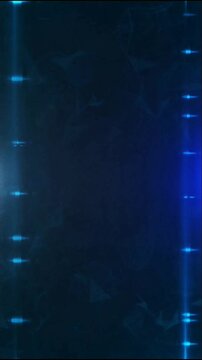 Soft glowing cyan light markers run vertically along misty deep blue space, creating symmetrical luminous frame with subtle horizontal lens flare.
